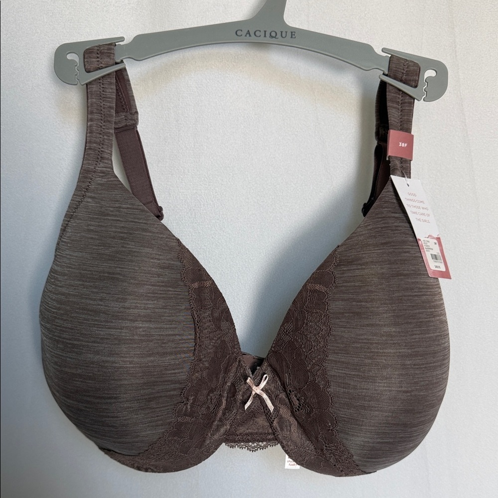 NWT Cacique Dark Brown Lace Accent Bra Size 38F Lightly Lined Full Coverage